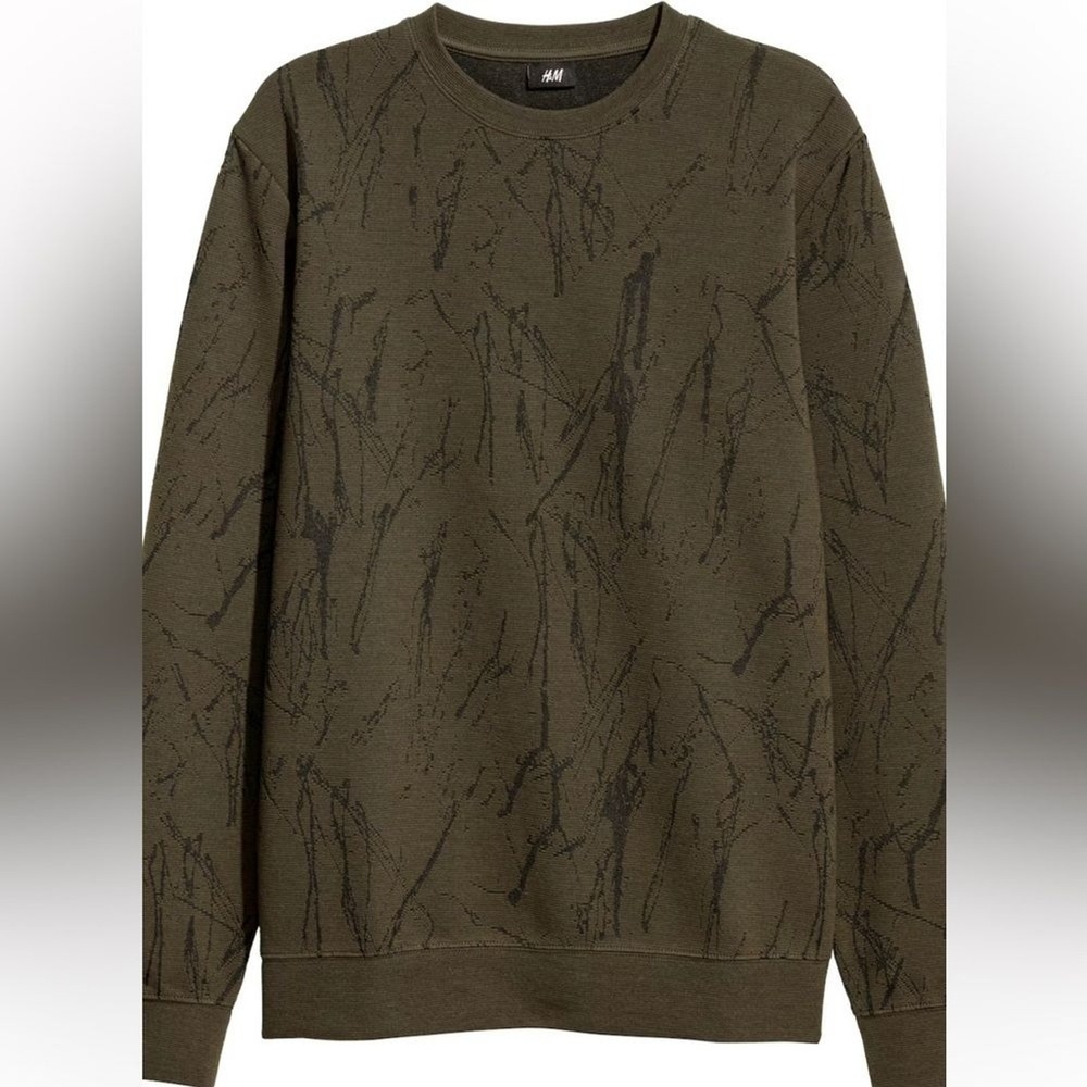 HM Gorpcore Y2K Mens Olive Green Textured Abstract‎ Print Crewneck Sweatshirt